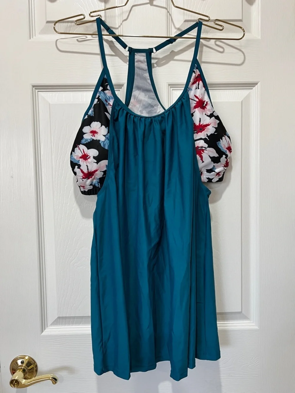 Swimsuit Tankini Top Teal Floral Built-In Bra Racer-Back Style Size XXL